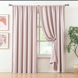 NEW Set of 2 Pink Blackout Thermal Insulated Pom Pom Curtain Panels 52"x95"